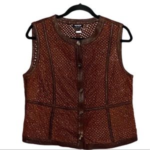 Worth Leather Vest Perforated Boho Zip Top Brown